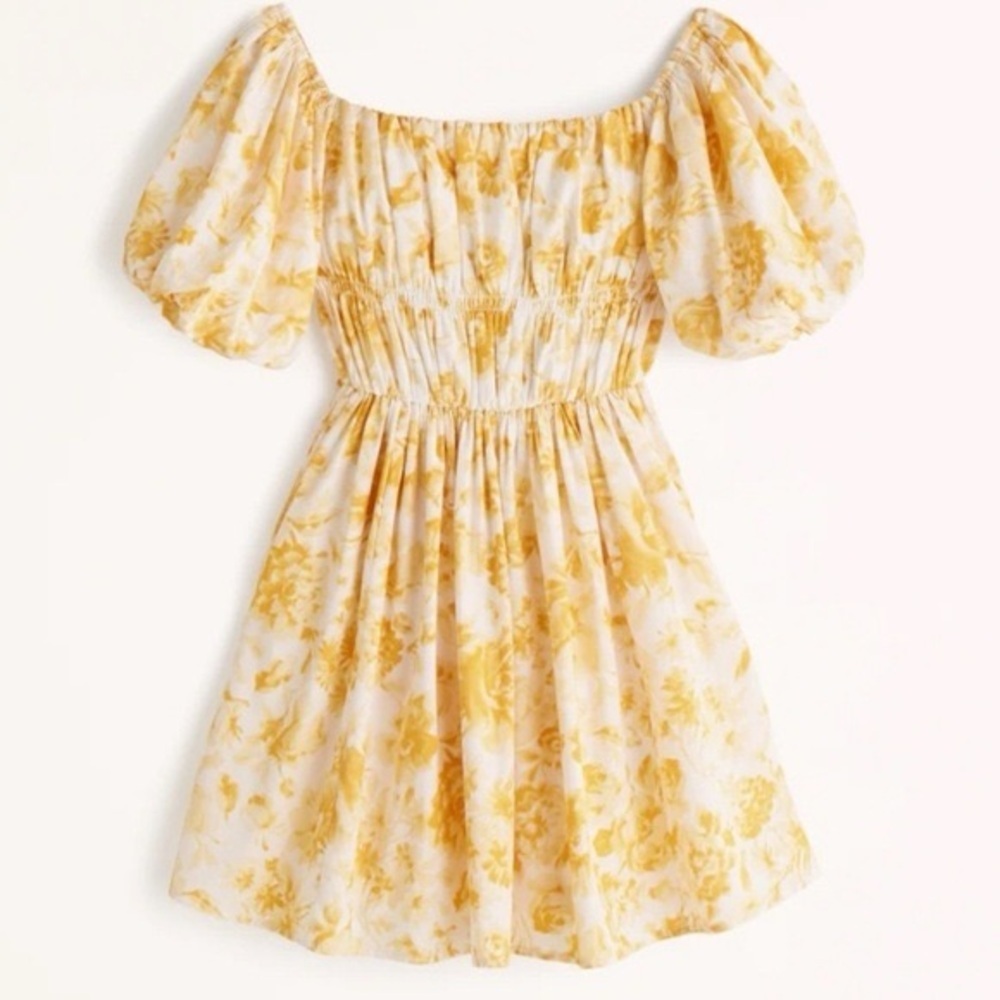 Abercrombie & Fitch Off The Shoulders Puff Sleeve Yellow Floral Mini Dress